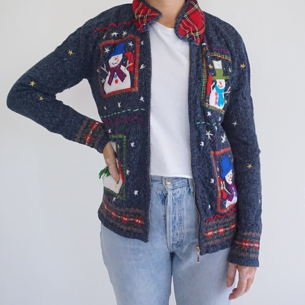 Vintage Studio Joy Navy Snowman Zip Cardigan Tartan Collar Holiday Knit S
